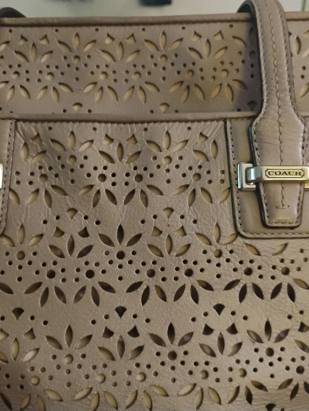 Coach Laser Etched Perforated Floral Leather Tote - Tan